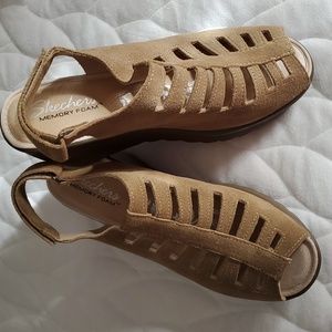 Skechers (Trapezoid) tan suede slingback platform sandals.